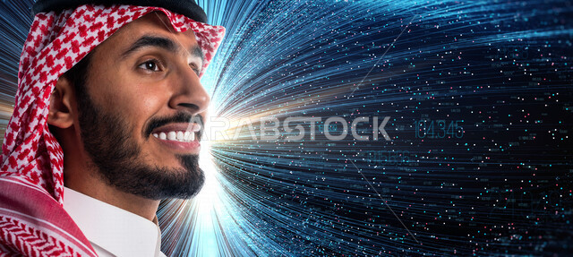 صورة مقربة لوجه رجل عربي خليجي سعودي يتطلع لتحقيق رؤية مستقبلية أفضل ، مواكبة التطلعات و مواجهة التحديات ، تحقيق الاهداف و الطموحات ، رؤية 2030, خلفيه بعناصر هولوجراميه ثلاثية الابعاد للفضاء الخارجي