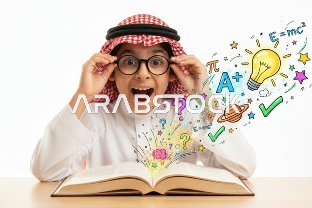 طالب سعودي يقرأ كتاب برسوم تعليمية وإبداعية