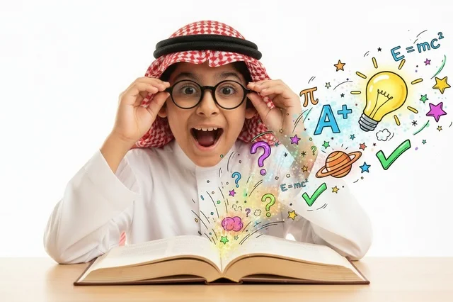 طالب سعودي يقرأ كتاب برسوم تعليمية وإبداعية