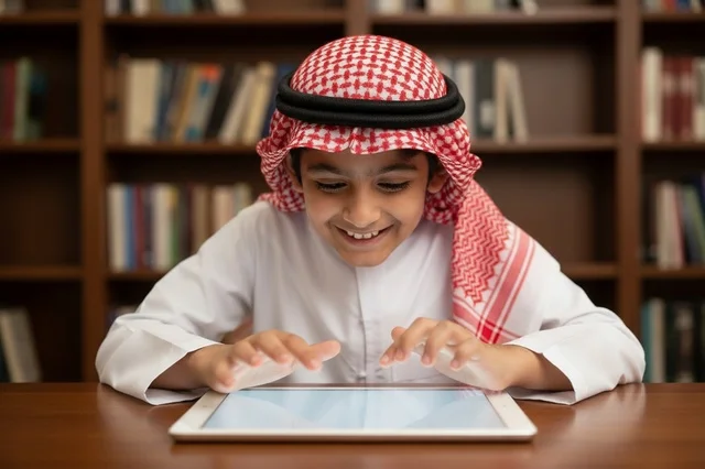 طفل سعودي بالزي التقليدي يستخدم جهاز لوحي في المكتبة