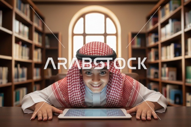طفل سعودي يستخدم جهازاً لوحياً في مكتبة عامة
