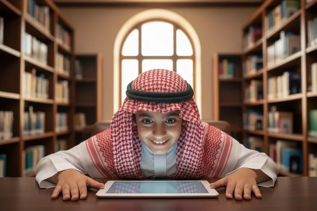 طفل سعودي يستخدم جهازاً لوحياً في مكتبة عامة