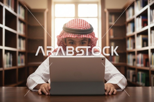 طفل سعودي يستخدم جهاز لوحي في المكتبة