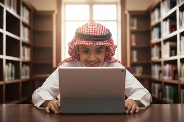 طفل سعودي يستخدم جهاز لوحي في المكتبة