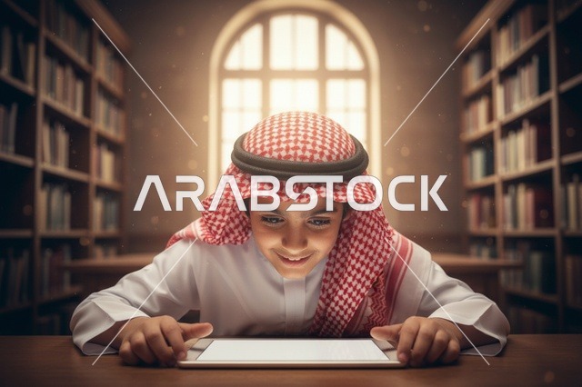 Saudi Boy Using Tablet in Library Environment