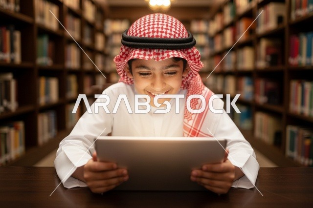 طفل سعودي يستخدم جهاز لوحي داخل المكتبة