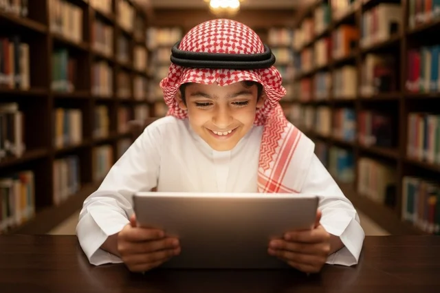 طفل سعودي يستخدم جهاز لوحي داخل المكتبة