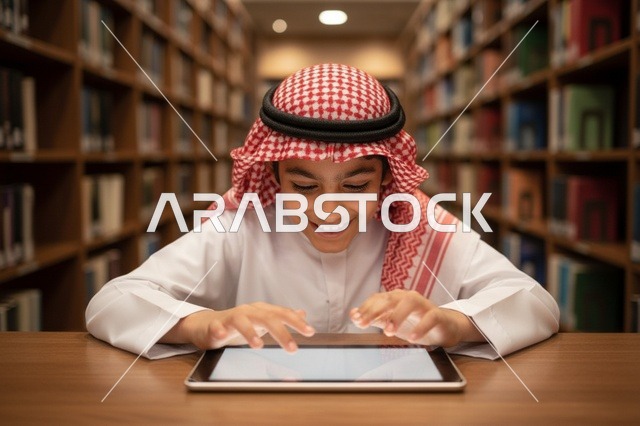 Saudi Boy Using Digital Tablet in Traditional Library