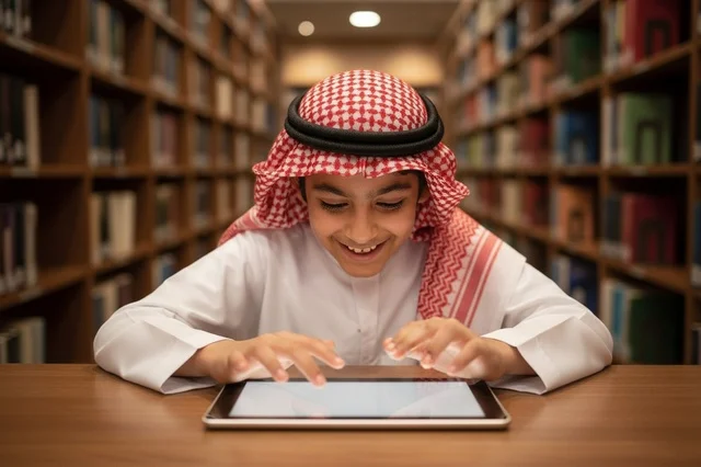 Saudi Boy Using Digital Tablet in Traditional Library