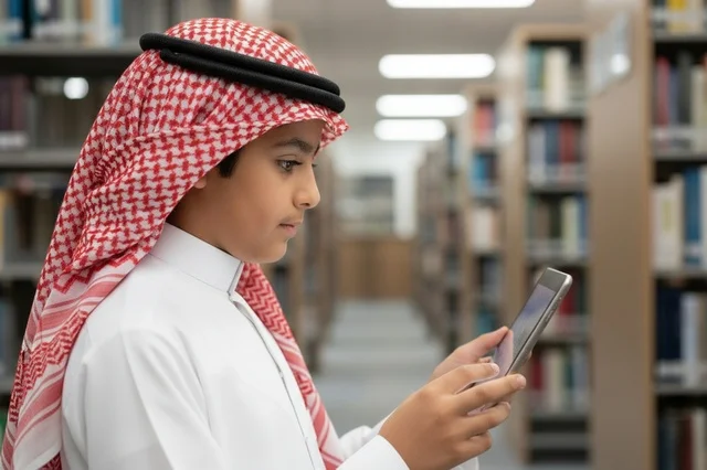 Saudi Boy in Traditional Dress Using Tablet in Library