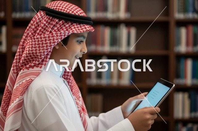 Saudi Boy Using Digital Tablet in Library Setting