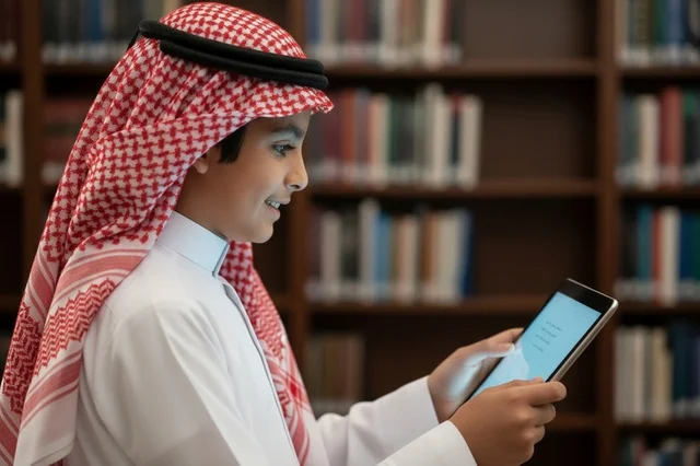 Saudi Boy Using Digital Tablet in Library Setting