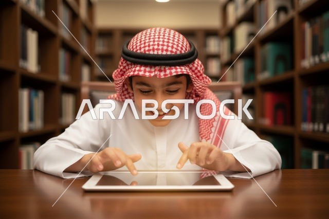 طفل سعودي في المكتبة يستخدم جهاز لوحي