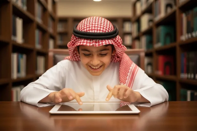 طفل سعودي في المكتبة يستخدم جهاز لوحي