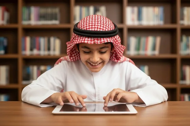 طفل سعودي بالزي التقليدي يستخدم جهاز لوحي في المكتبة