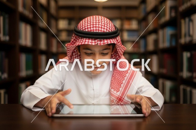 Saudi Boy Using Digital Tablet in Library