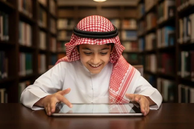 Saudi Boy Using Digital Tablet in Library
