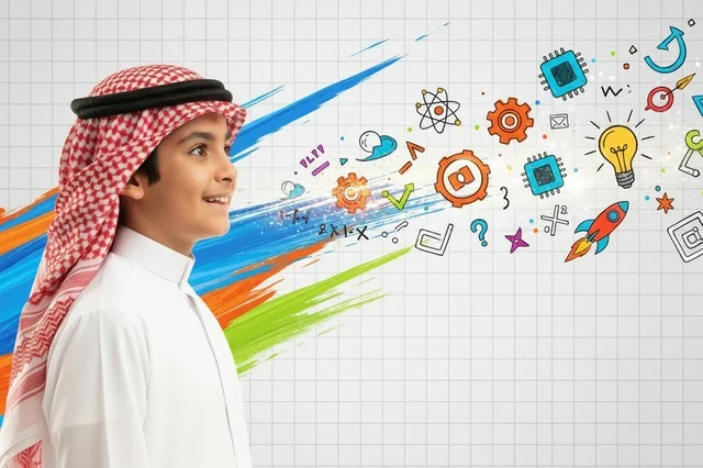 طفل سعودي بالزي التقليدي مع أيقونات العلوم والإبداع