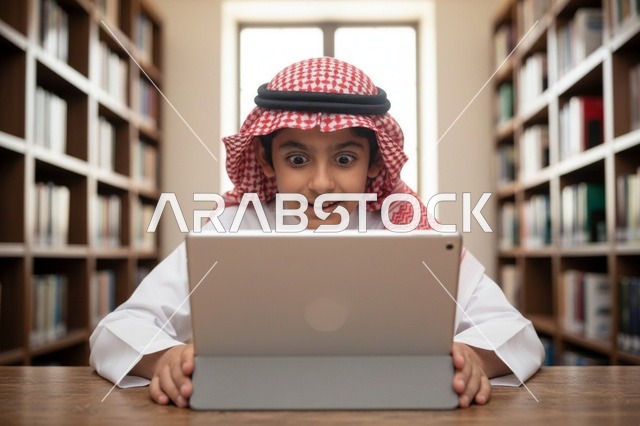 طفل سعودي يستخدم الجهاز اللوحي بتعبير مندهش في المكتبة