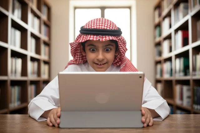 طفل سعودي يستخدم الجهاز اللوحي بتعبير مندهش في المكتبة