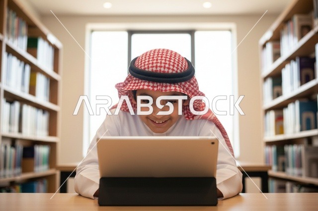 طفل سعودي يستخدم جهازاً لوحياً في المكتبة للتعليم