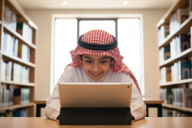 طفل سعودي يستخدم جهازاً لوحياً في المكتبة للتعليم