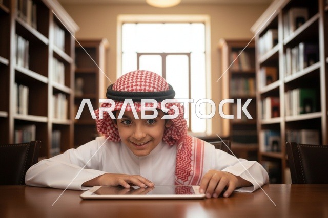طفل سعودي يستخدم جهاز لوحي في مكتبة تقليدية