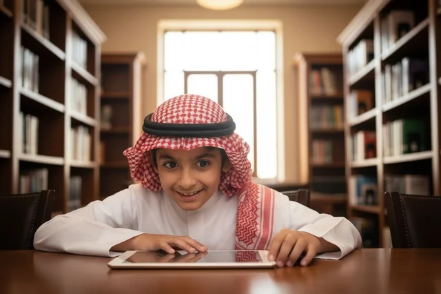 طفل سعودي يستخدم جهاز لوحي في مكتبة تقليدية