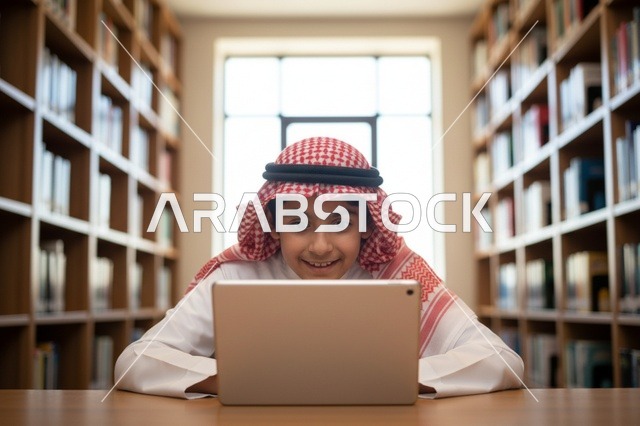 طفل سعودي يستخدم الحاسوب المحمول في المكتبة بالثوب