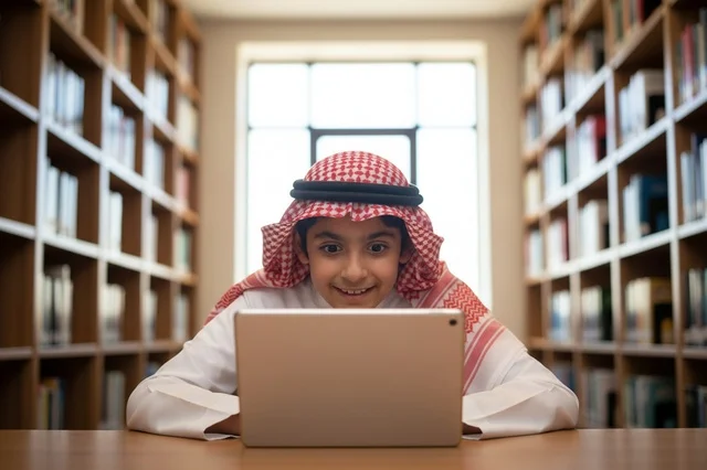 Saudi Boy Using Laptop in Library wearing Thobe