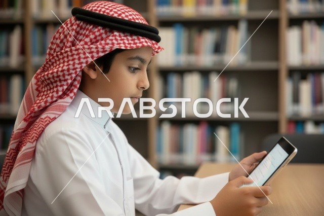طالب سعودي يستخدم جهاز لوحي في المكتبة