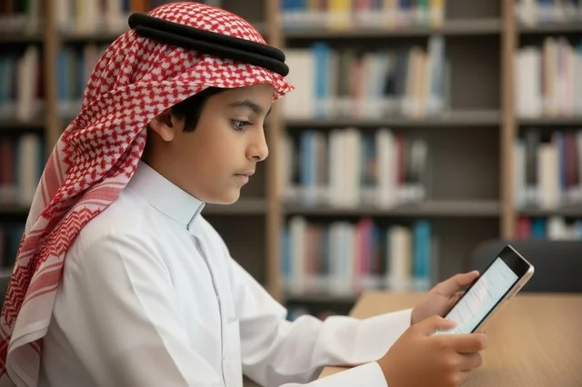 طالب سعودي يستخدم جهاز لوحي في المكتبة