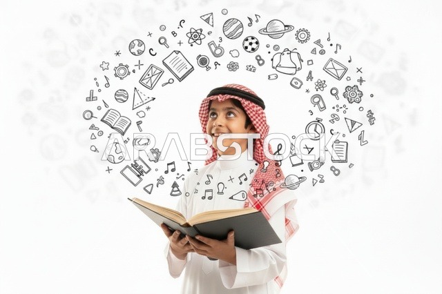طفل سعودي يقرأ كتاباً مع رسومات تعليمية