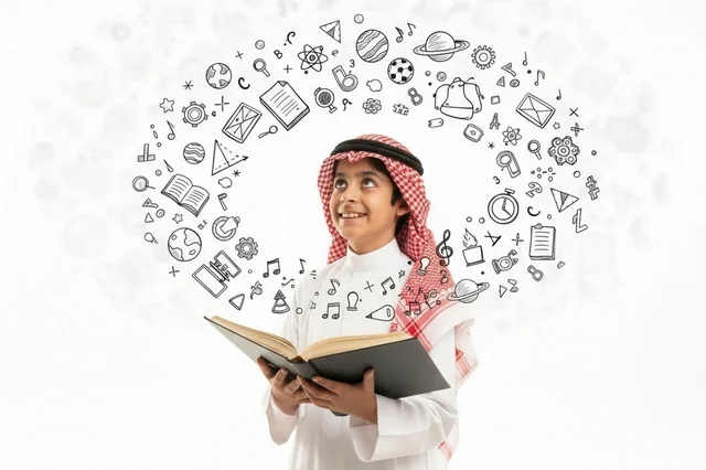 طفل سعودي يقرأ كتاباً مع رسومات تعليمية