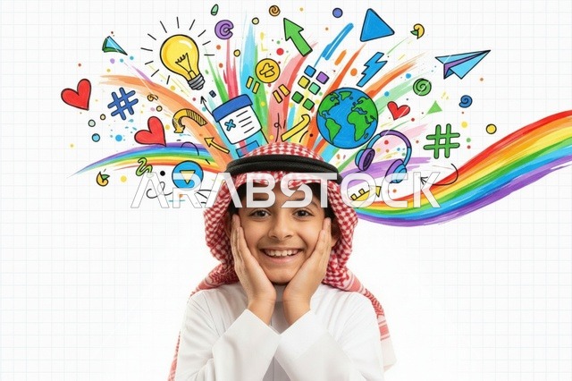 طفل سعودي مع رسوم توضيحية للأفكار والإبداع
