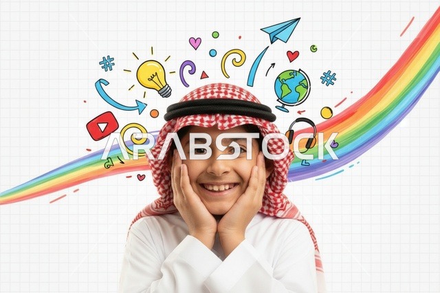 طفل سعودي بالثوب التقليدي مع رسوم إبداعية