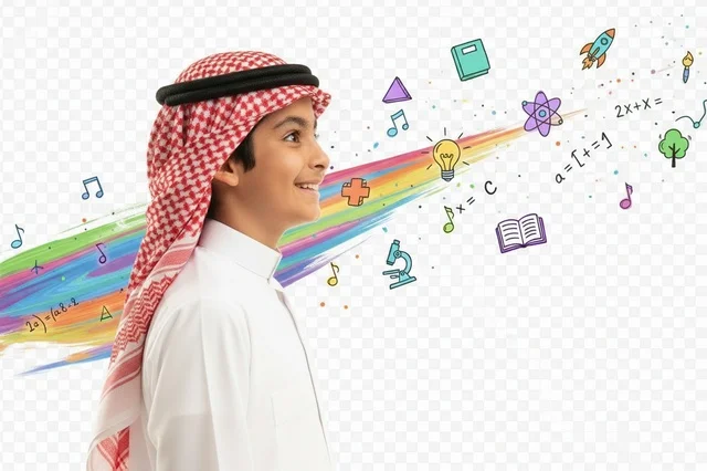 طالب سعودي باللباس التقليدي مع أيقونات تعليمية