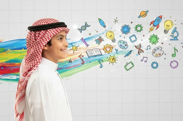Saudi Boy in Traditional Thobe with Education Icons