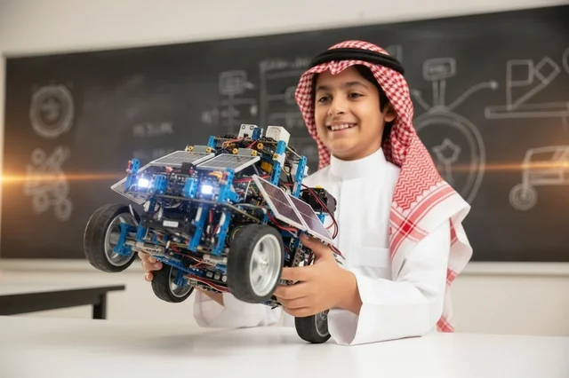 Saudi Boy Holding Robotic Car Project in Classroom