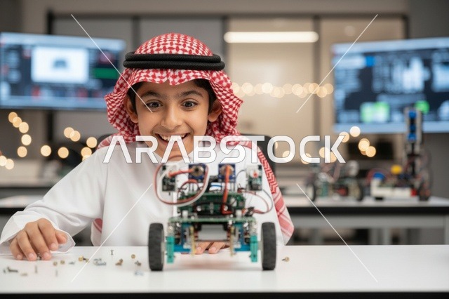 طفل سعودي يبتكر روبوت في مختبر علوم حديث