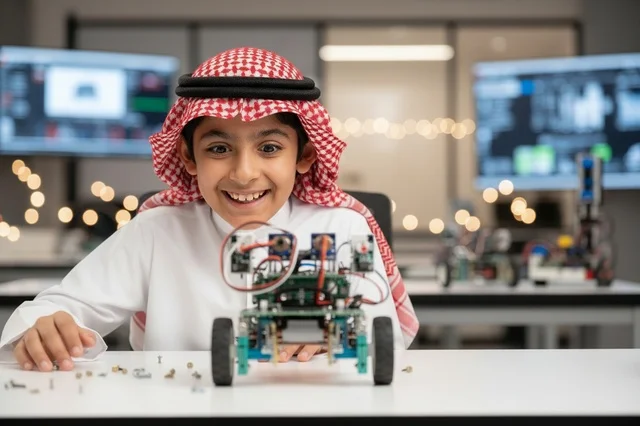 طفل سعودي يبتكر روبوت في مختبر علوم حديث