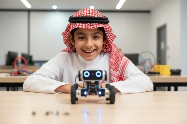 Saudi Boy in Traditional Dress with Robotics Project