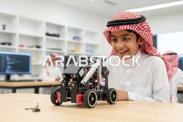 طفل سعودي يجمع روبوت في فصل تعليمي