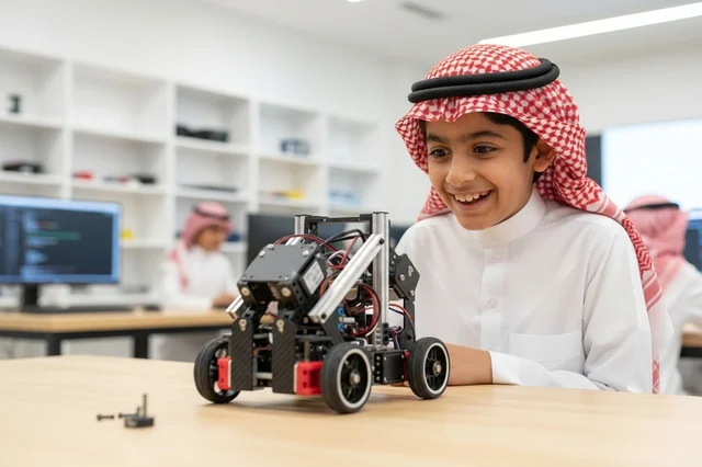 طفل سعودي يجمع روبوت في فصل تعليمي