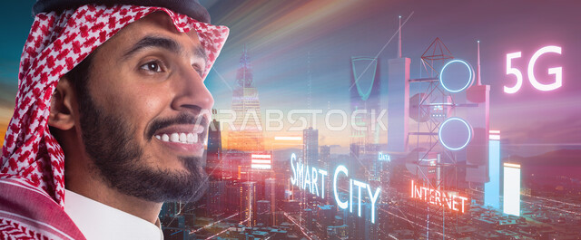 صورة مقربة لرجل عربي سعودي خليجي يقف أمام ناطحات السحاب في المملكه العربيه السعوديه، الجيل الخامس لشبكات الجيل الخامس  بتقنية الهولوجرام, التطلع لتحقيق رؤية مستقبلية أفضل، مواكبة التطلعات و مواجهة التحديات، تحقيق الاهداف و الطموحات، رؤية 2030, خلفيه بعناصر هولوجرامية