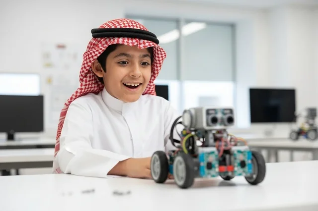 طفل سعودي يتعلم الروبوتات في مختبر مدرسي حديث