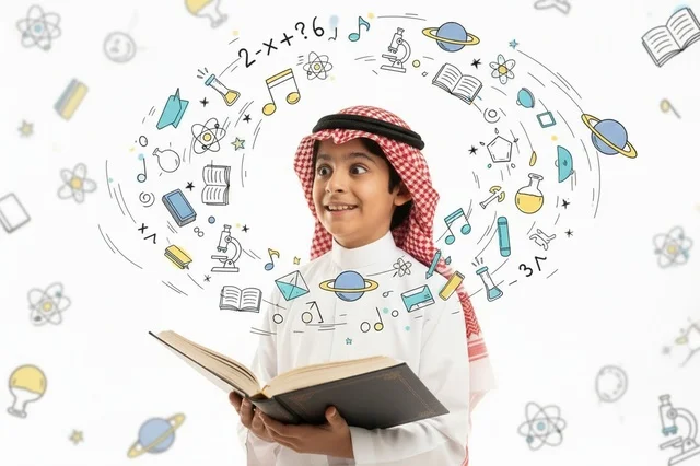 طفل سعودي بالزي التقليدي يقرأ كتاباً