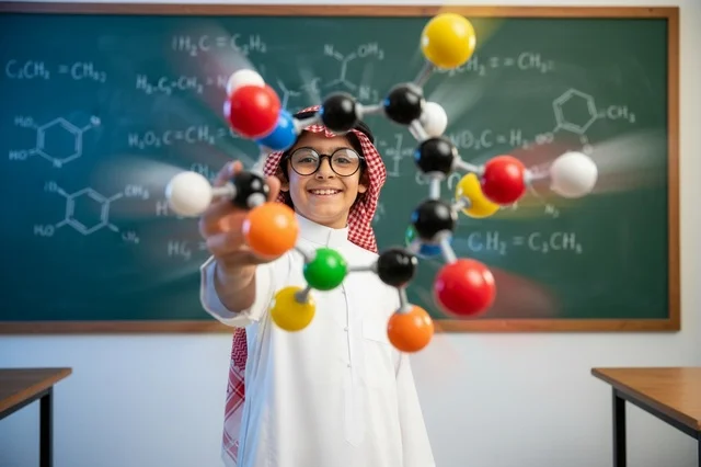 Saudi Boy with Molecule Model in Science Classroom