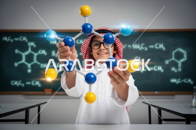 طالب سعودي يحمل نموذج جزيئي في فصل العلوم