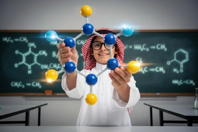 Saudi Boy Student with Molecular Model in Classroom